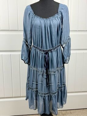 Baci Italy Blue Jean Blue Boho Silk Sheer Tiered Long Sleeve Boho Whimsical XS